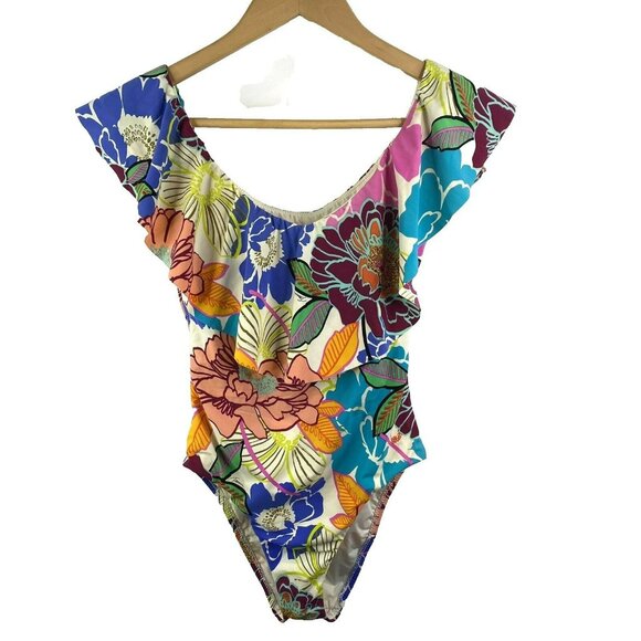 Trina Turk Swimsuit Size 4 Radiant Blooms Bandeau One Piece Ruffle Floral - Picture 2 of 4